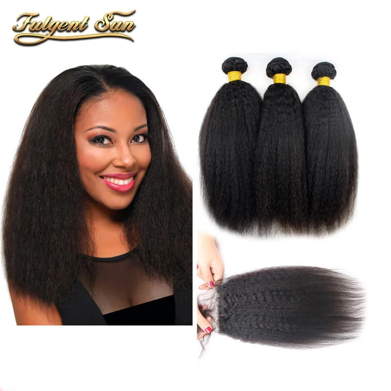 

Yaki Straight Bundles With Closure 4x4 Lace Closure And 3 Bundles Human Hair Weave Tissage Brésiliens Avec Closure No Shedding