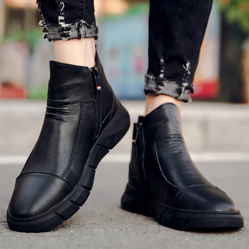 Мужские повседневные кожаные ботинки зимние на платформе Нескользящие с мехом