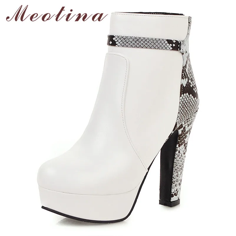 

Meotina/Зимние ботильоны; Женские полусапожки со змеиным принтом на платформе и блочном каблуке; Обувь на молнии на очень высоком каблуке; Женс...