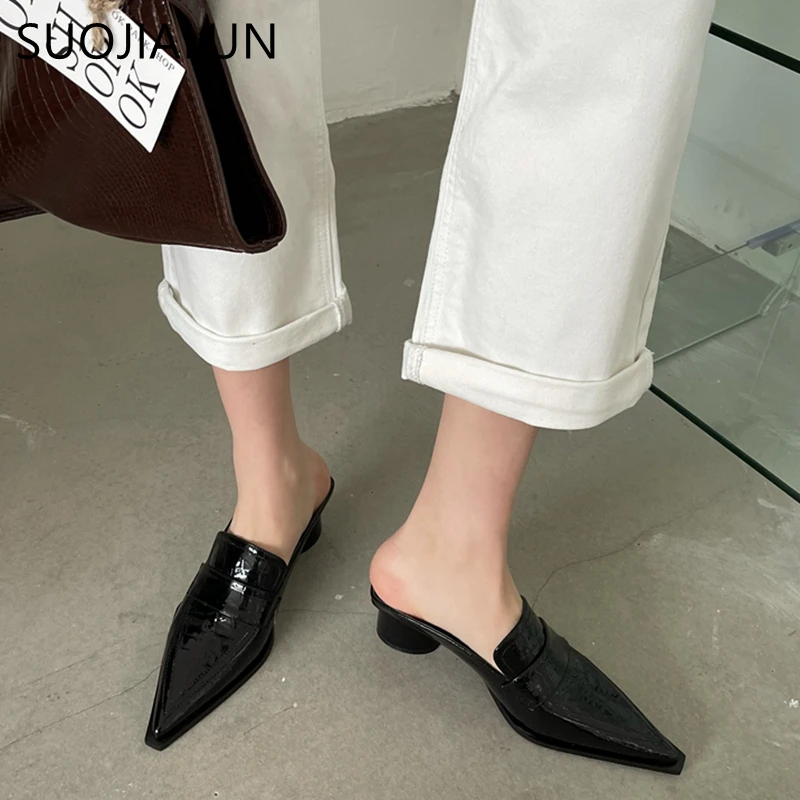 SUOJIALUN 2021 Spring Women Slipper Square Med Heel Slip On Mules Pointed Toe Stone Pattern Sandal Female Casual Slides Shoes