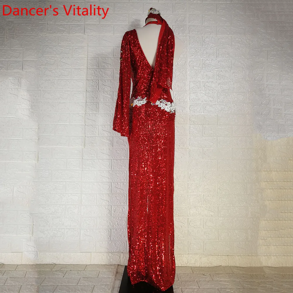 Women Belly Dance Group Performance Costume Bra Belt Headband Sequin Single Sleeve Robe Drum Oriental Indian Dancing Stage Wear |