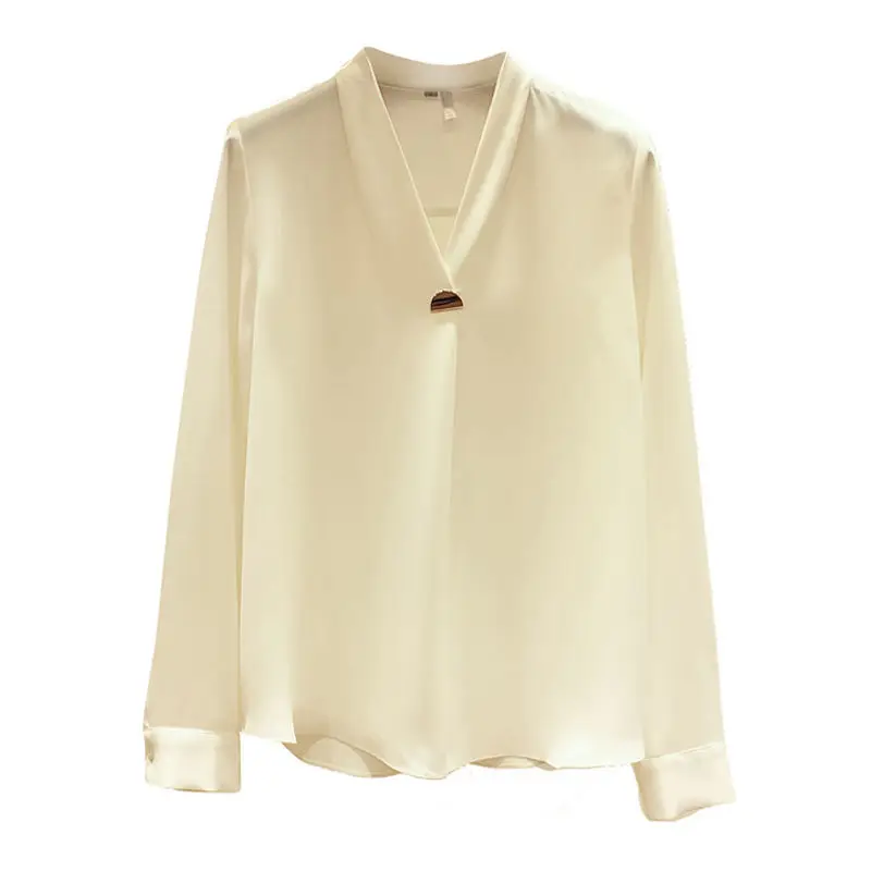 

White Shirt Versatile Fit V-Neck Long Sleeve Casual Loose Blue Pullover Apricot Solid Comfortable Tops Autumn 2020 High Quality