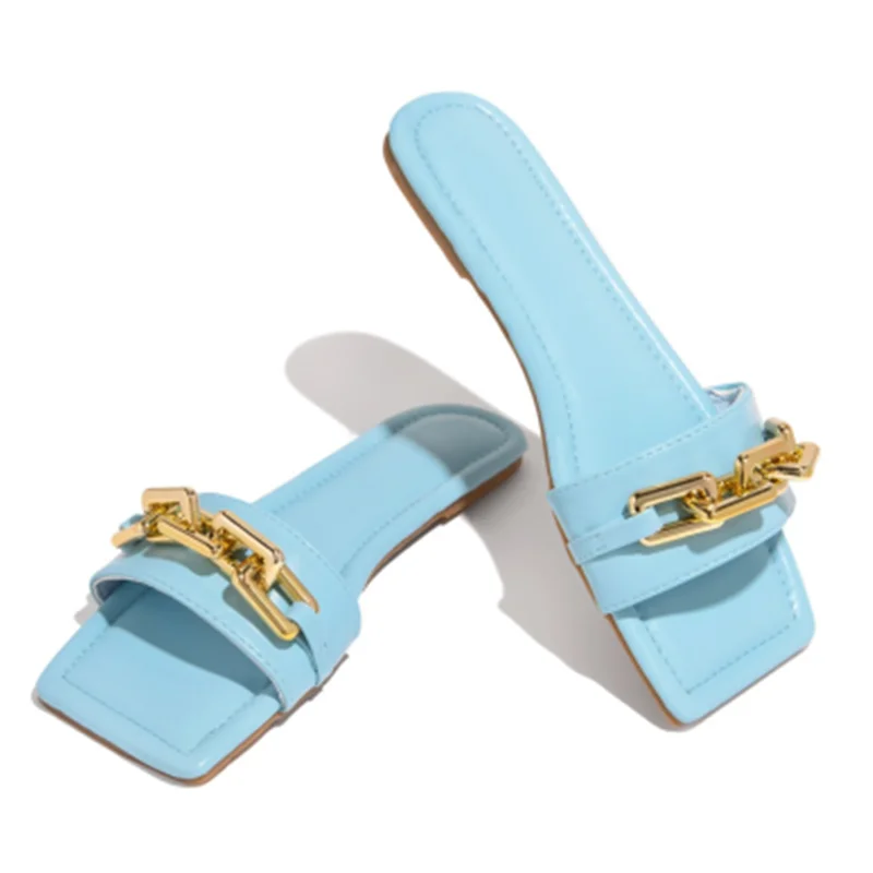 

2021 Summer New Women's Slippers Women Sandals Flat Solid Color Open Toe Slippers Chain Outdoor Women's Shoes Plus Size 35-43