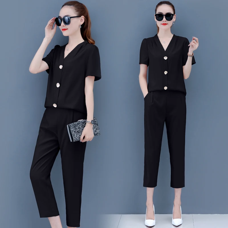 

Summer new chiffon top blouse two-piece clothing set Korean fashion suits women V neck shirt trousers outfit vestido office