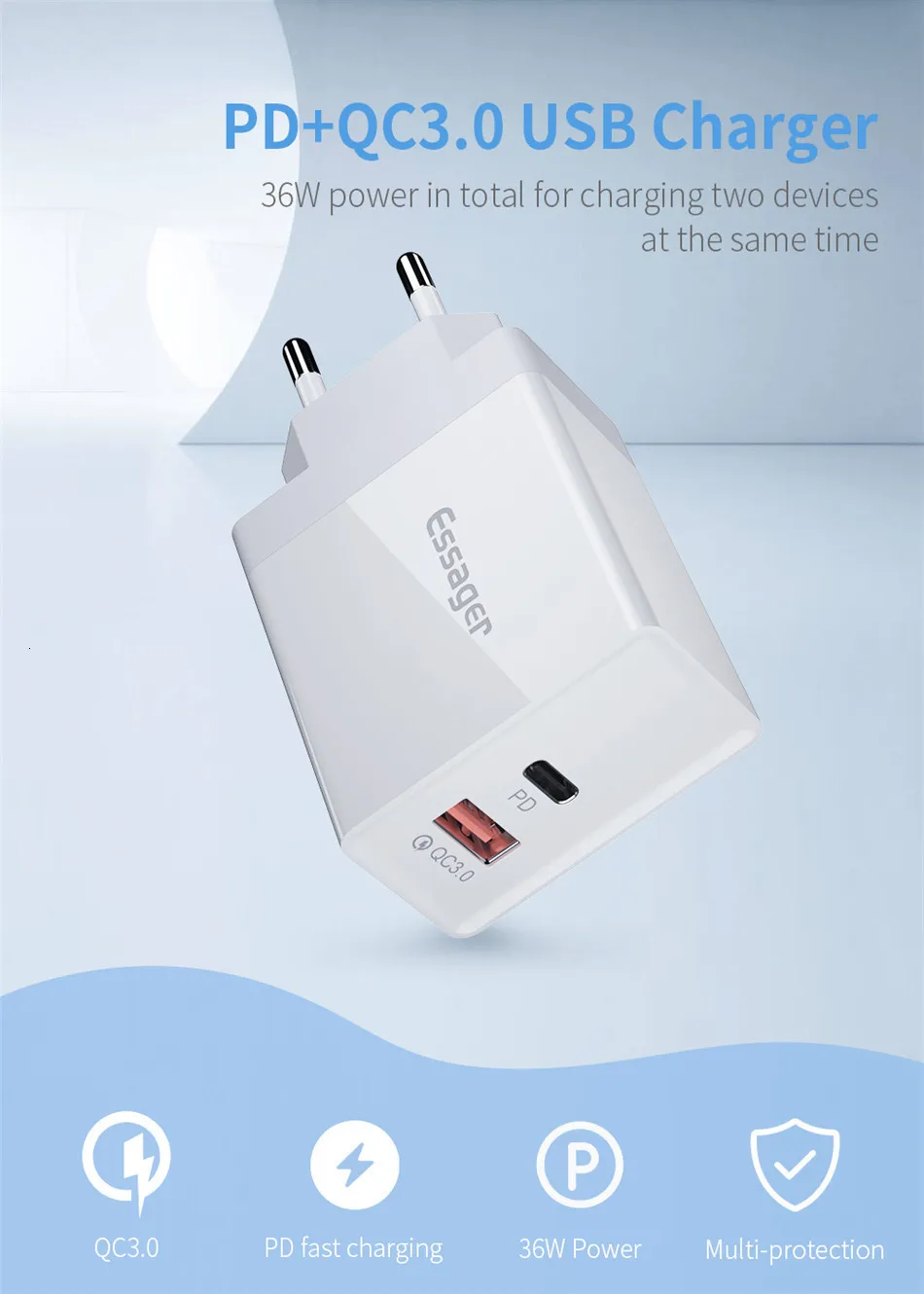 Essager 36 Вт Быстрая зарядка 3,0 USB зарядное устройство QC3.0 QC Тип C PD3.0 PD турбо настенное быстрое зарядное устройство для iPhone samsung Xiaomi Мобильный телефон
