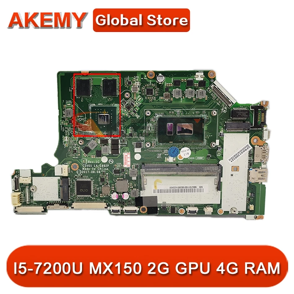 

C5V01 LA-E892P For ACER A515-51G A315-53G A615-51G A615-51 laptop motherboard CPU SR2ZU I5-7200U + MX150 2G GPU + 4G RAM DDR4