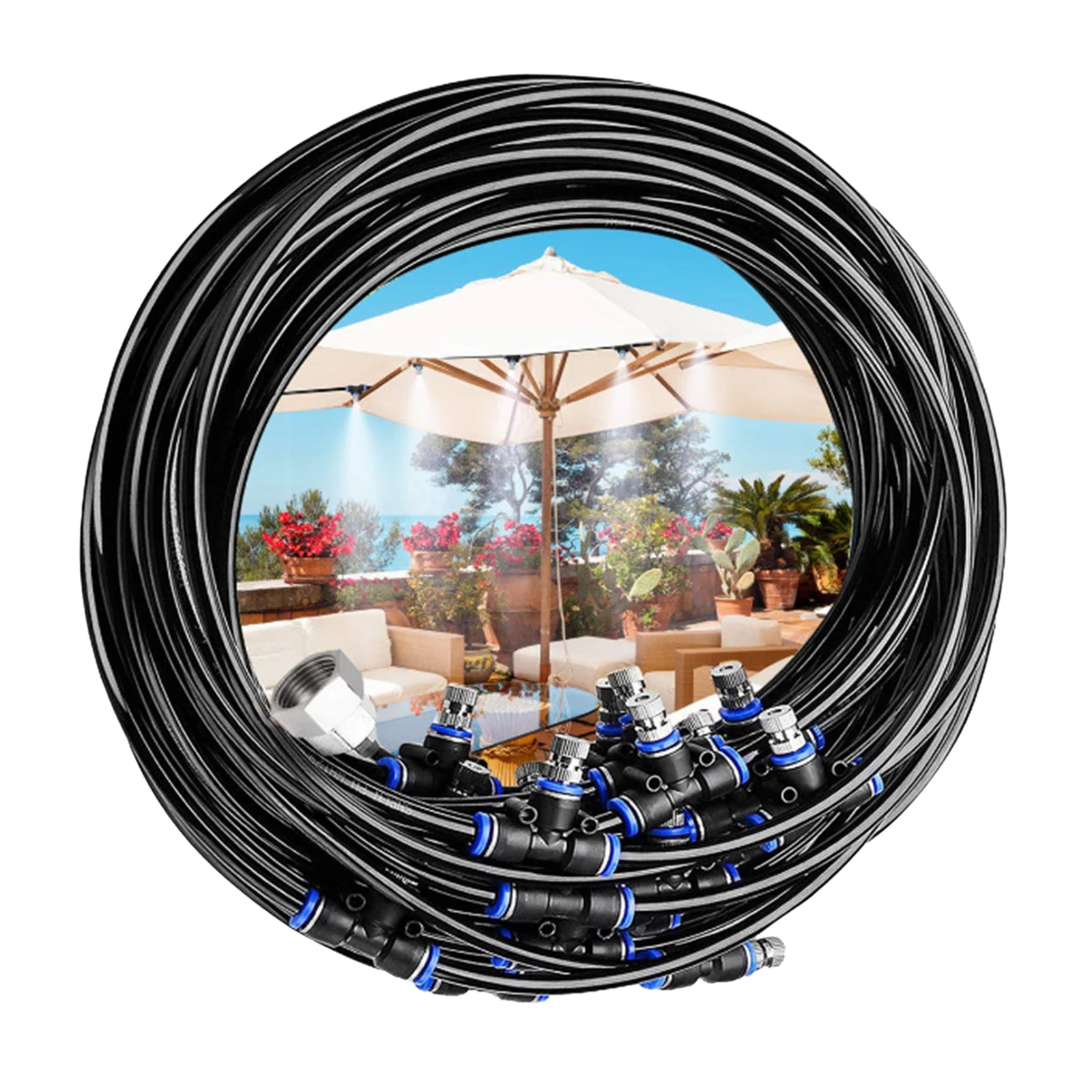 

Уличная система охлаждения туманом, наборы для орошения газона во дворе, линия тумана, форсунки тумана 3/4 дюйма, адаптер водяного тумана для ...