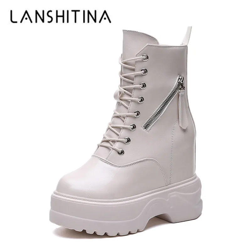 

2020 Autumn High Platform Boots 11CM High Heels Women Thick Sole Ankle Shoes Leather Wedge Sneakers Keep Warm Winter Fur Boots