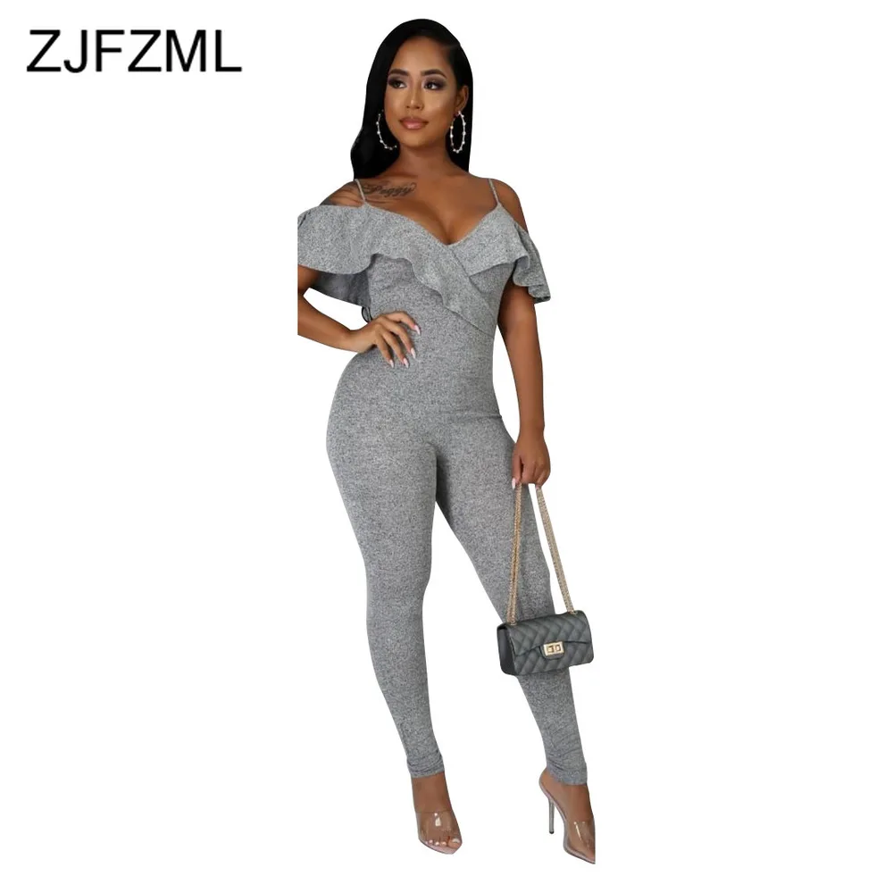 

Комбинезон женский с оборками, серый винтажный облегающий Ромпер на бретелях-спагетти, с открытой спиной, с V-образным вырезом и коротким ру...