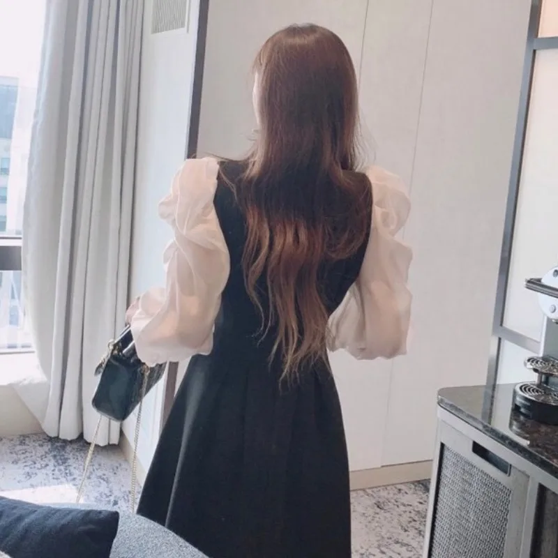 

Hit Color Patchwork Temperament Dress Women High Waist Hip A Line Slim Vestidos Puff Long Sleeve Ol Robe Spring Slim