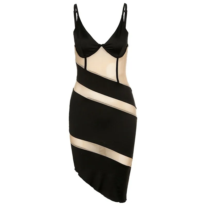 

Women Fashion Sexy Contrast Color Perspective Bodycon Mesh Sling Dress Elegant V-Neck Soft Sleeveless Club Party Pencil Dress
