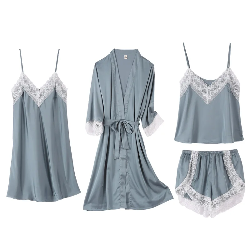 Комплект пижамный женский из 4 предметов пеньюар с V образным вырезом домашняя