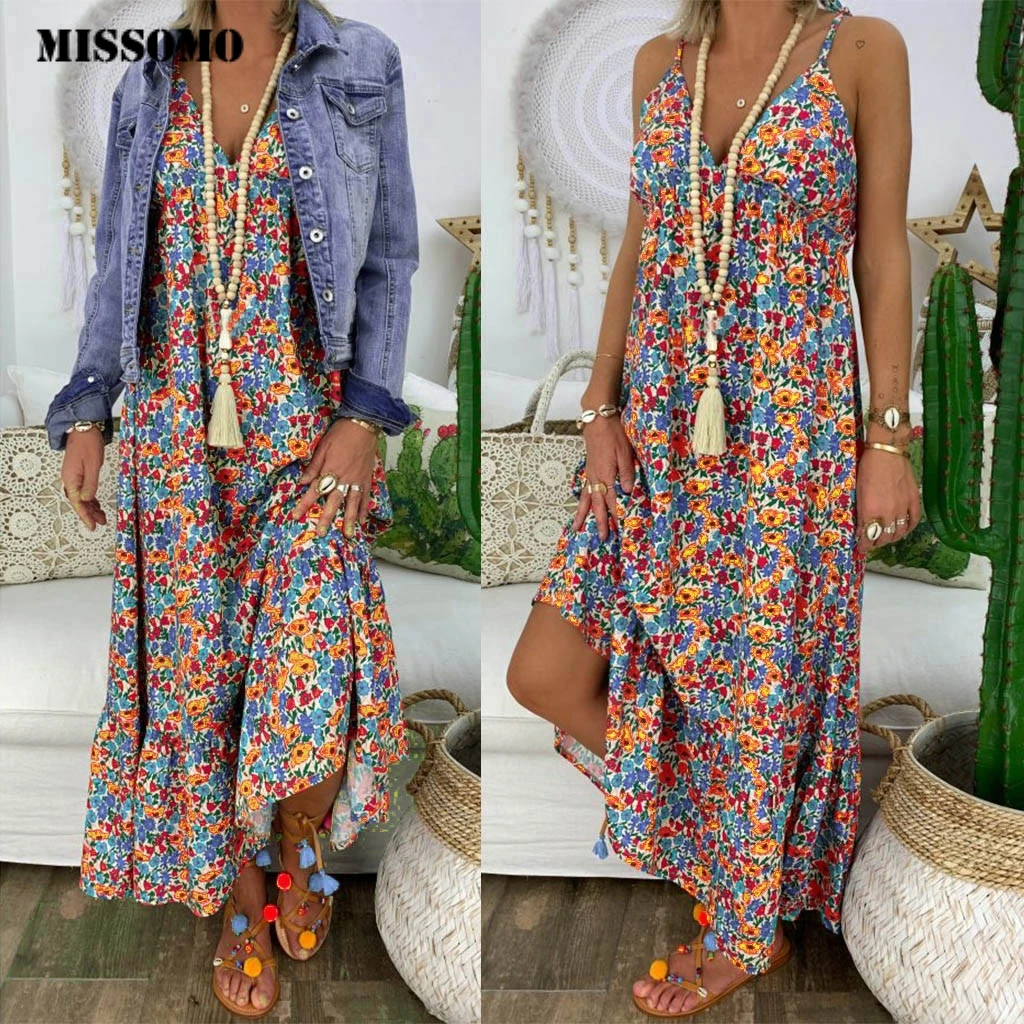MISSOMO S 5XL Dress women casual Loose plus size Summer Maxi Floral Print Sleeveless Bandage vestidos vintage long dresses|Женские