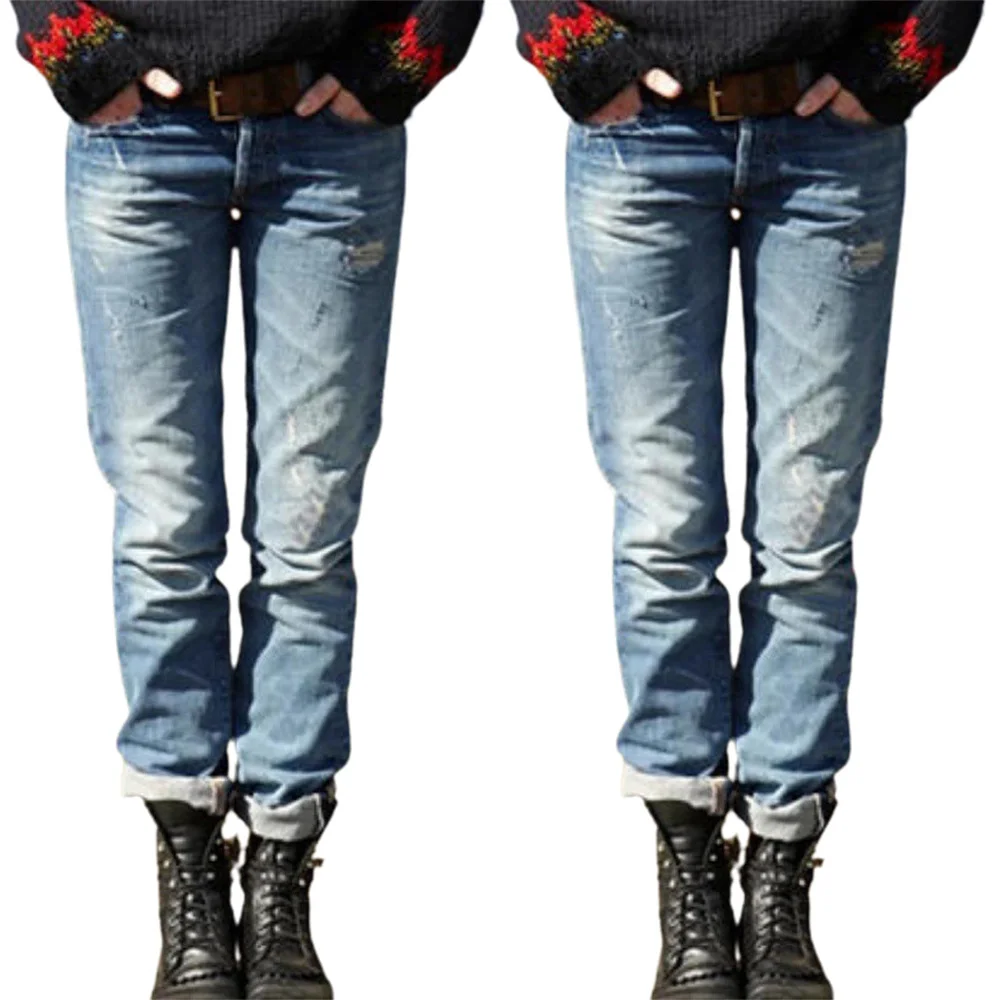 

Модные Универсальные повседневные джинсы, рваные джинсы, женские прямые длинные брюки, повседневные винтажные брюки boyfriendly синего цвета