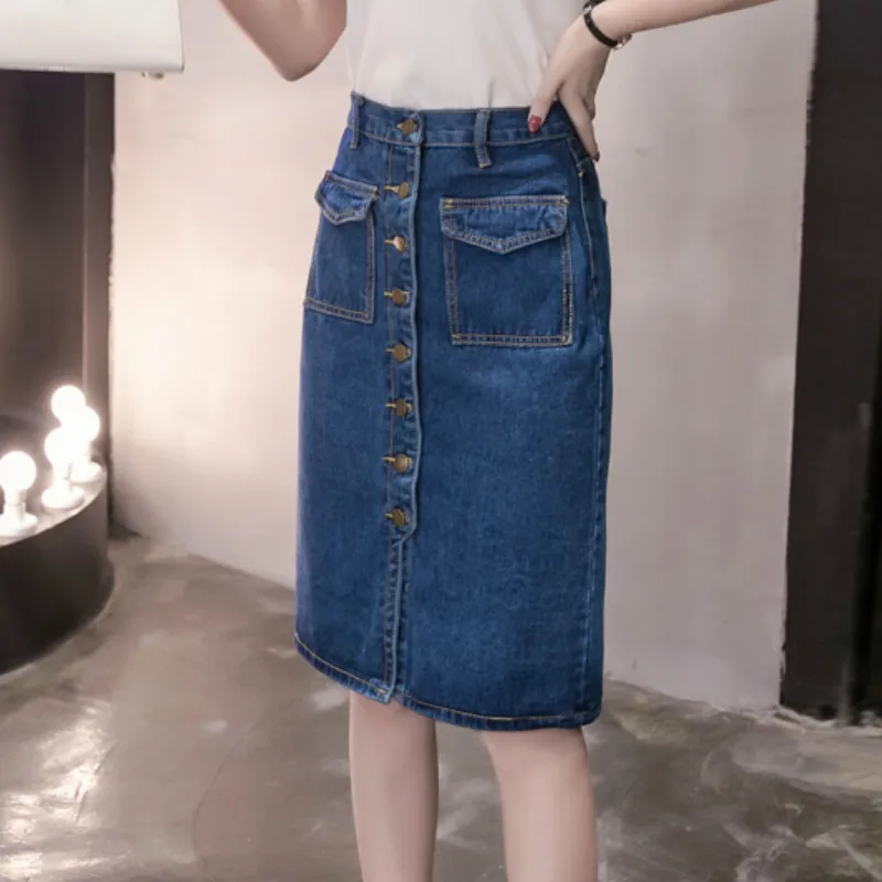 Женские летние однобортные джинсовые юбки до колена размера плюс размеры S M L XL 2XL