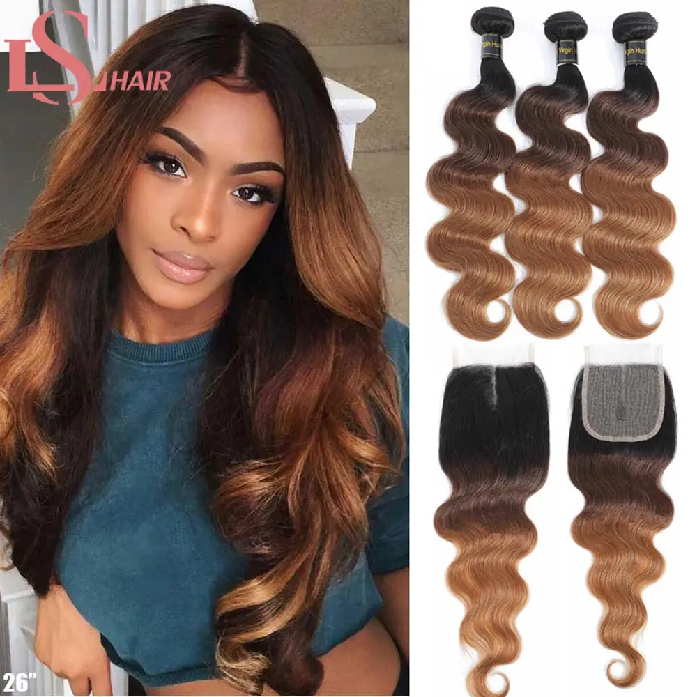 LS HAIR Highlight Colored Brazilian Ombre Hair Bundles With Closure 1B/4/30 Remy Body Wave Human Hair Bundles With Lace Closure