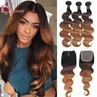 V-образной КРЕПЕЖНОЙ ПЛАСТИНОЙ LS мелирование волос Цветной бразильские волосы с эффектом деграде (переход от темного к светлому), пряди с закрытием 1BP430 человеческие волнистые волосы Remy человеческие волосы пряди с закрытием кружева