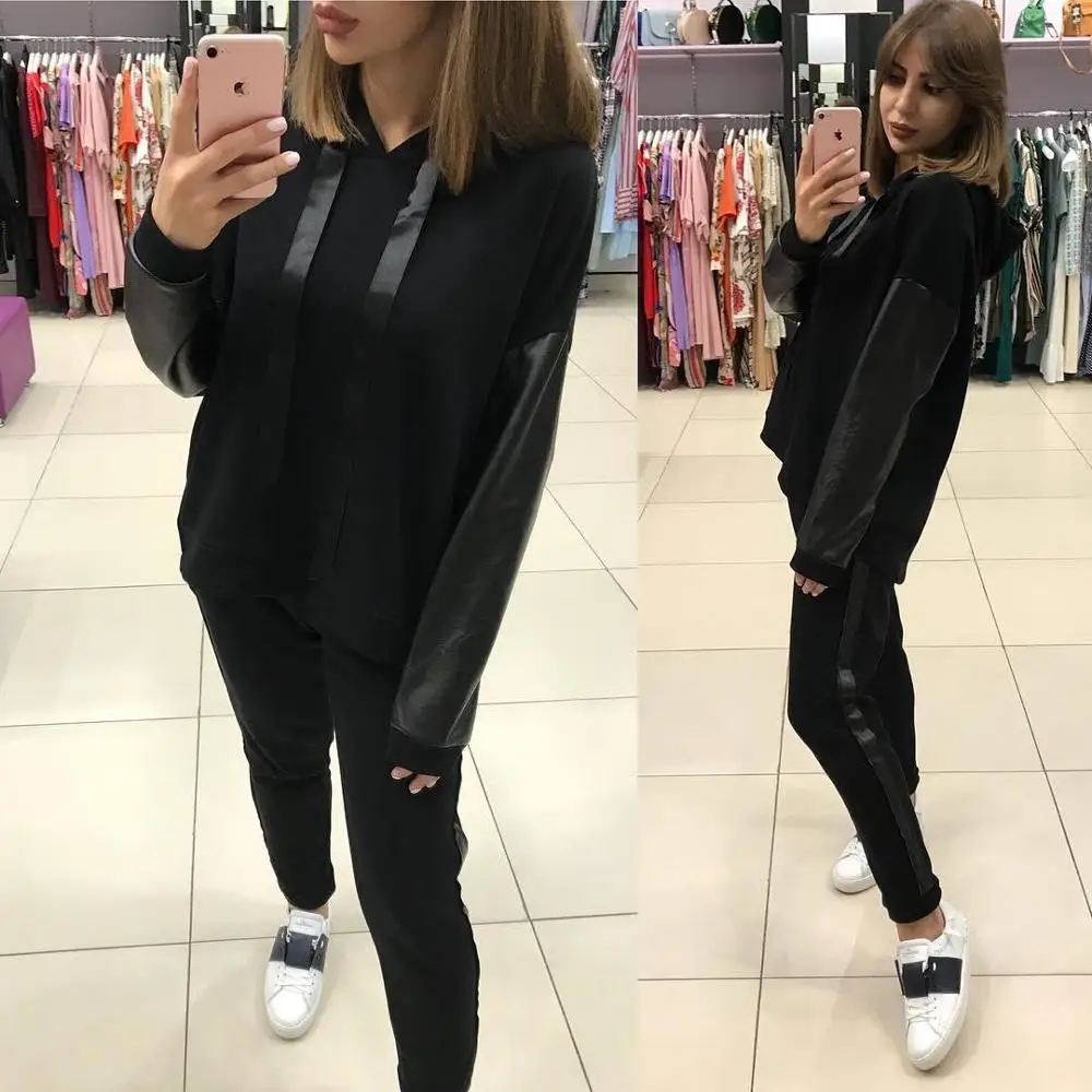 

2020 New Arrival Hooded Drawstring Full Women's Suit New Cotton Stitching Ribbon Hoodie And Casual Trousers Two-piece