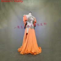 Customized Belly Dance Diamond Bead Bra Ruffled Hem Skirt Set Women Oriental Indian Drum Dance Group Competition Stage Costume