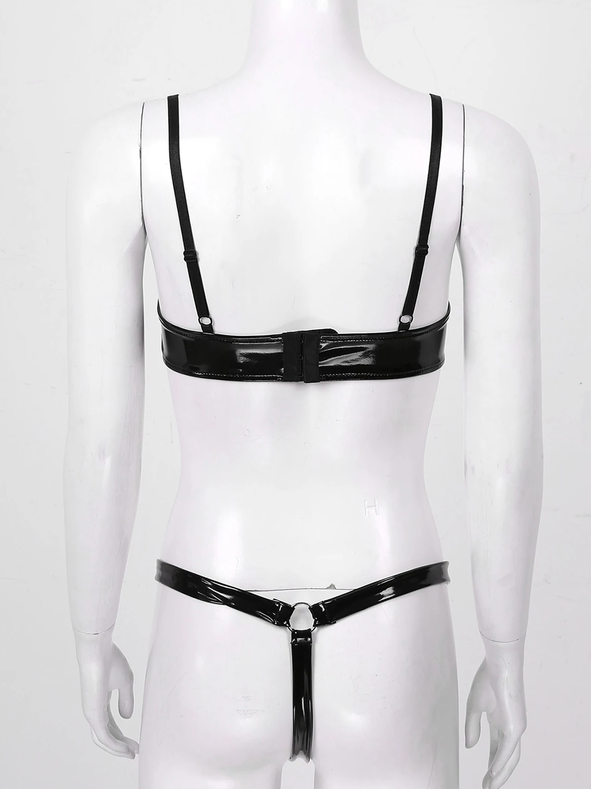 

Womens Ladies Leather Wetlook Sexy Apparel Lingerie Set Nipples Hole Femme Hot Sissy Under-wired Bra with T-back Briefs Thong