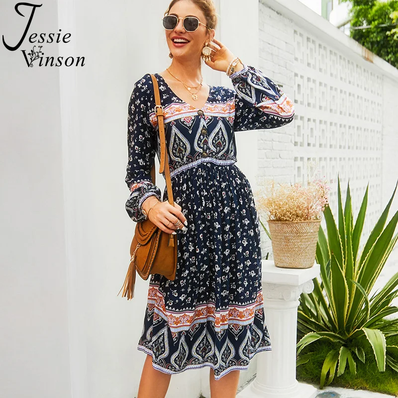 

Женское платье-туника с V-образным вырезом Jessie Vinson, богемное праздничное платье миди с длинным рукавом-фонариком и принтом в стиле бохо, для ...