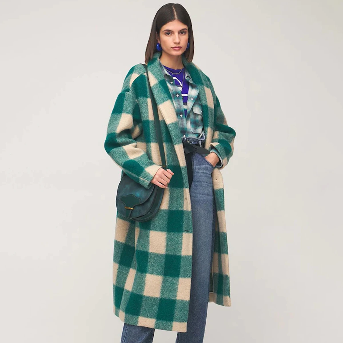 

Зеленое клетчатое шерстяное пальто, женское осенне-зимнее однобортное пальто с отложным воротником, повседневное винтажное шерстяное длин...