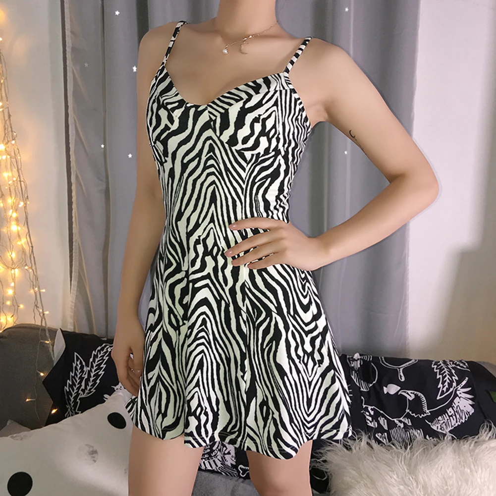 

Женское мини-платье с принтом зебры, повседневное ТРАПЕЦИЕВИДНОЕ ПЛАТЬЕ на бретелях-спагетти в стиле панк для вечевечерние и клубов, лето ...