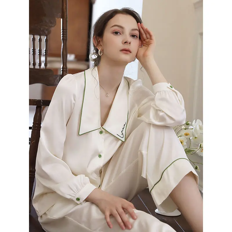 

2 Piece Pajama Set Women Loose Retro Home Service Suit Satin Button Up Pajama Set Solid Color Turn Down Collar Loungewear