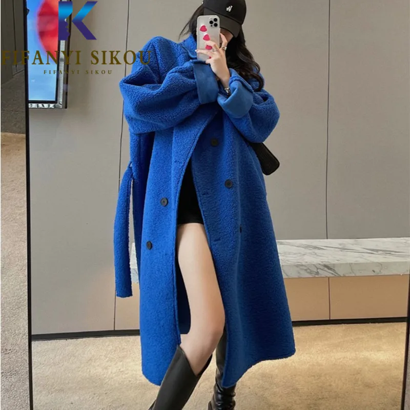 Фото Женская куртка из искусственного меха ягненка двубортная модная длинная синяя