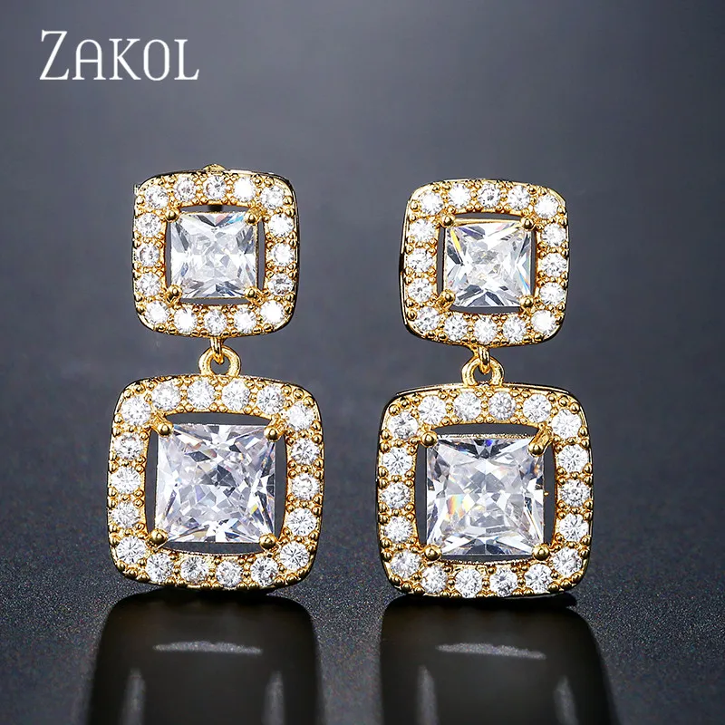 ZAKOL модные высококачественные квадратные висячие серьги с фианитами для женщин