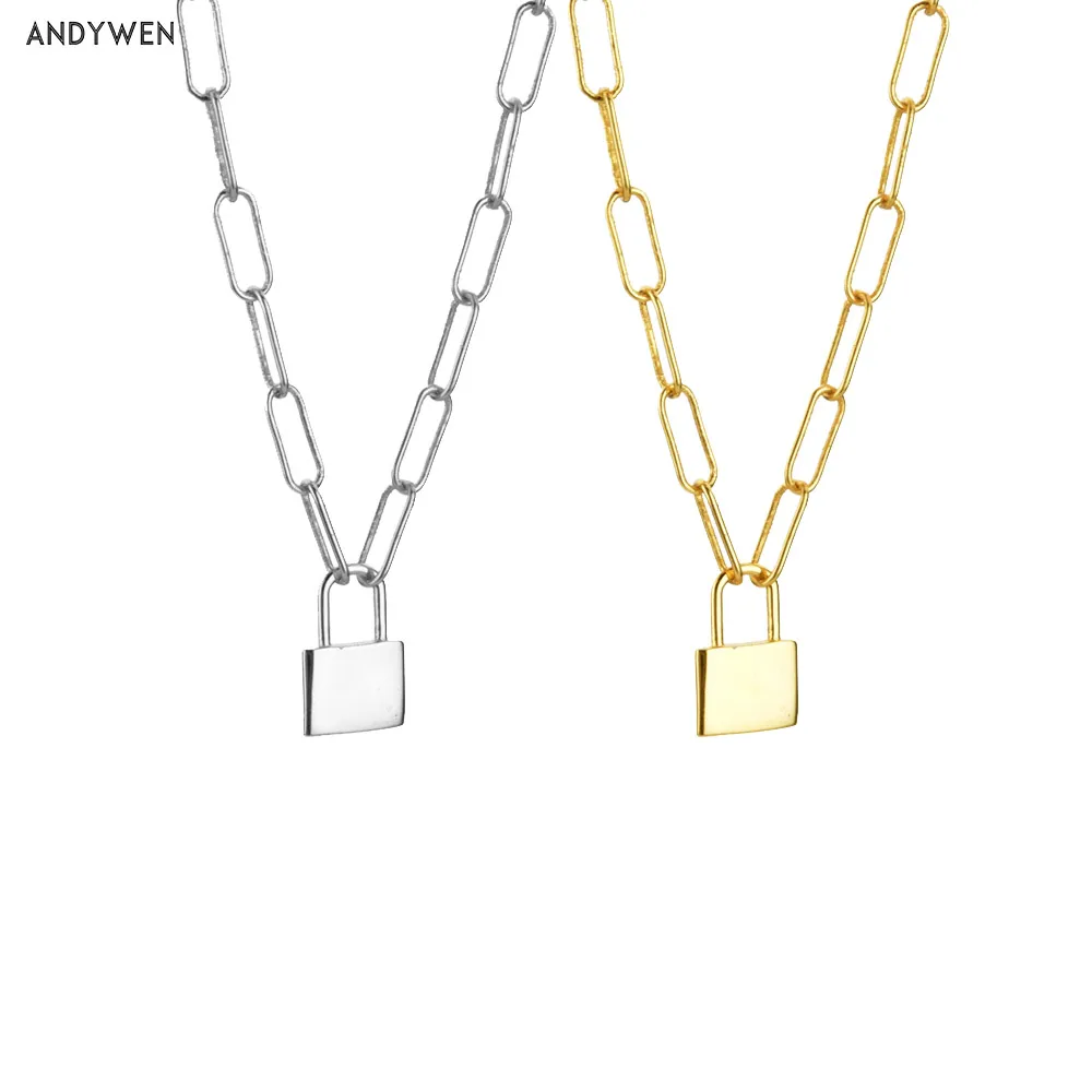 

ANDYWEN 925 Sterling Silver Lock Pendant Long Chain Horoscope Chain 45cm Long Chains Rock Punk Fashion Fine Jewelry For Women