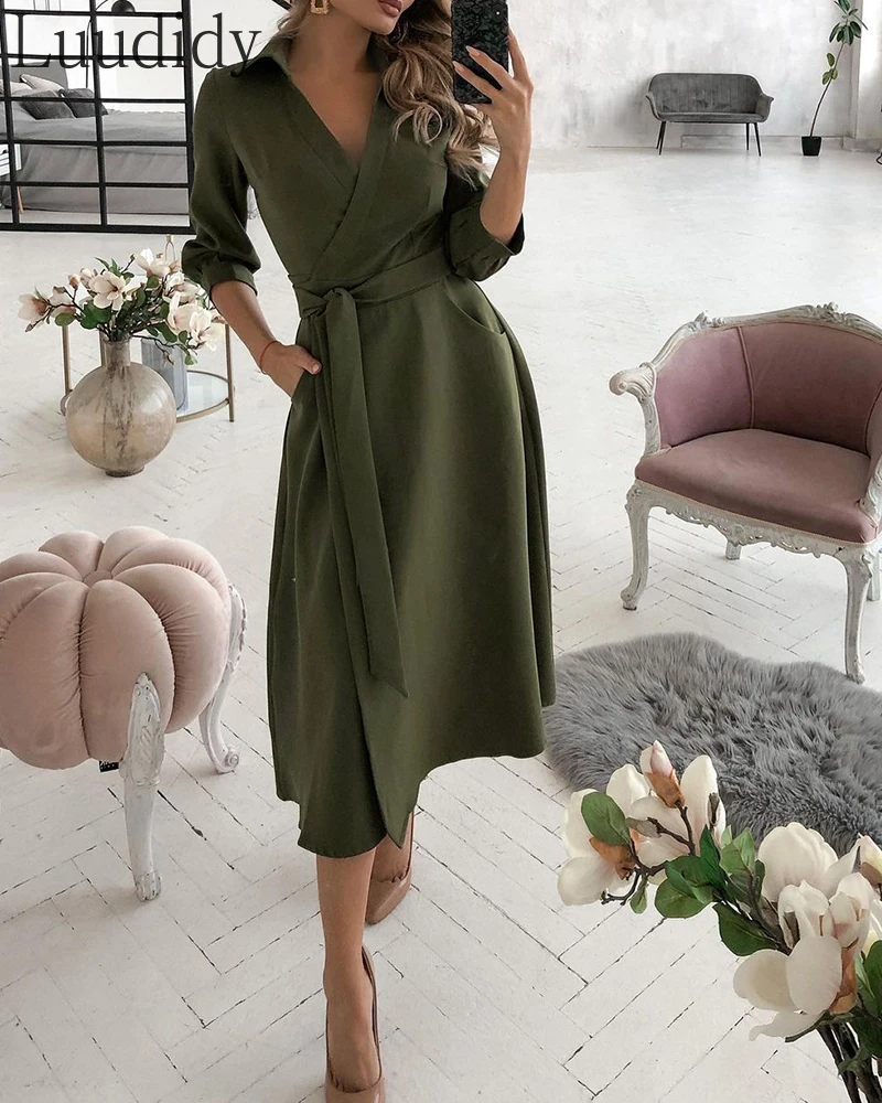 

Women Fashion Elegant Wrap Design Long Sleeve Flared Dress With Sashes