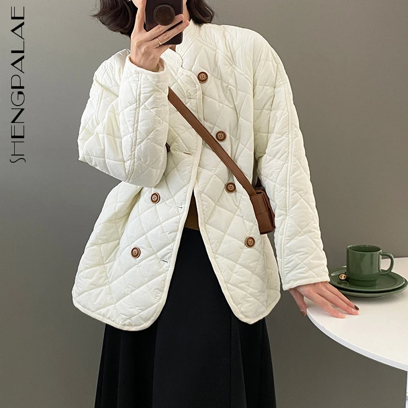 

SHENGPALAE, модная однотонная куртка из хлопка, женская зимняя куртка, новинка 2021, свободное двубортное пальто с длинным рукавом и воротником-сто...