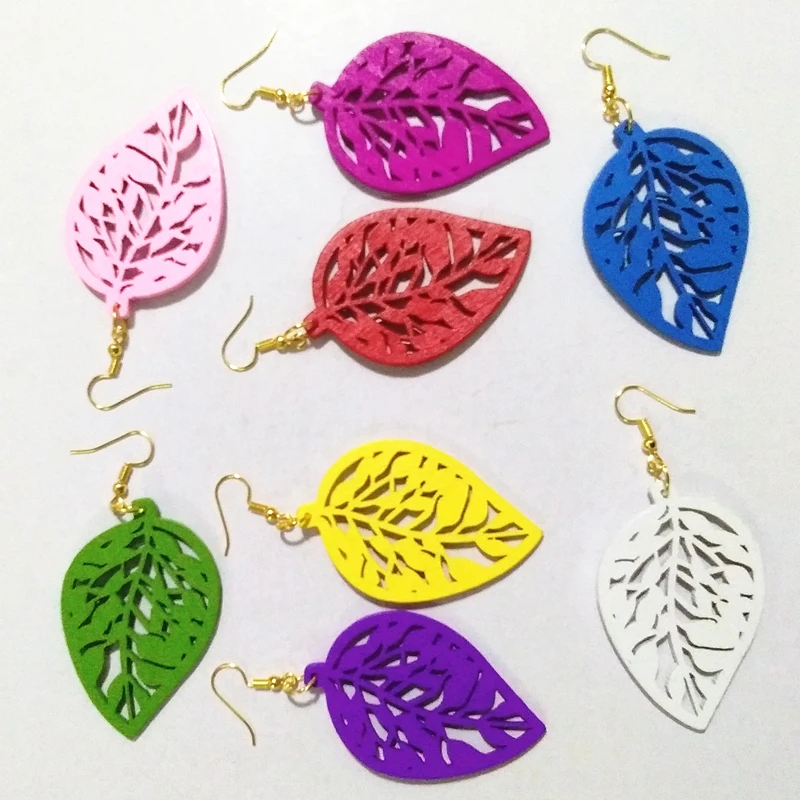 

8 Colors Gold Hook Wooden Leaves Drop Earrings Personality charm Party Gifts For Women Girls Jewelry