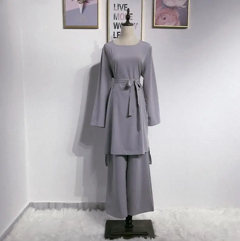 Gray set Abaya Дубайский мусульманский высокий женский комплект из 2 предметов брюки вода Оман Пакистан турецкая исламская одежда женское Спортивное платье хиджаб комплект - Цвет: Gray set