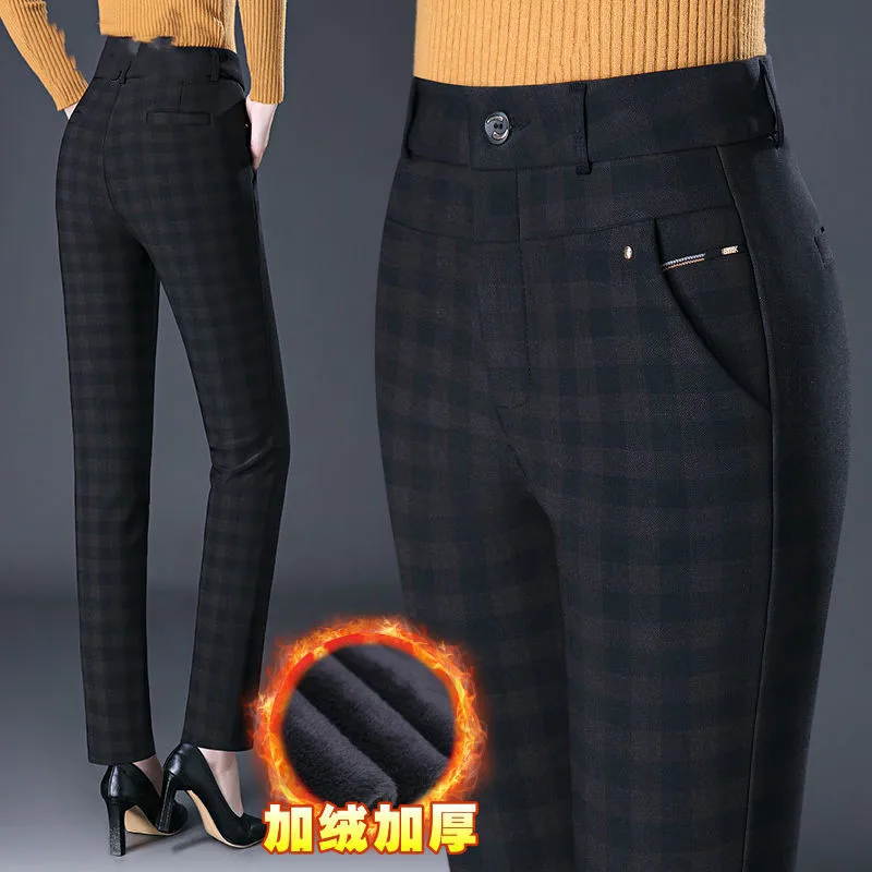Middle Aged Mother's Straight Trousers Casual Elastic High Waist Plaid Pants Women Winter Thick Velvet Warm Stretch Pants W2435