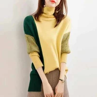 thick and warm womens winter clothing 2021 new high neck color blocking split knit sweater loose yellow sweater