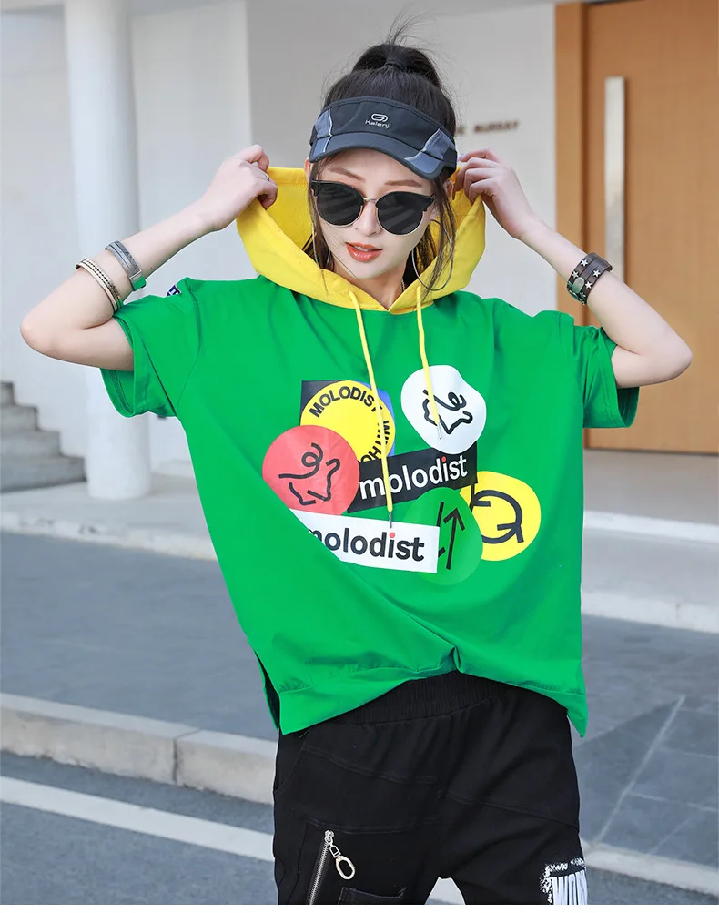 

Vefadisa Black White Green Letter Print Women T-shirt 2021 Summer Hooded Patchwork T-shirt Casual Plus Size T-shirt QYF5431