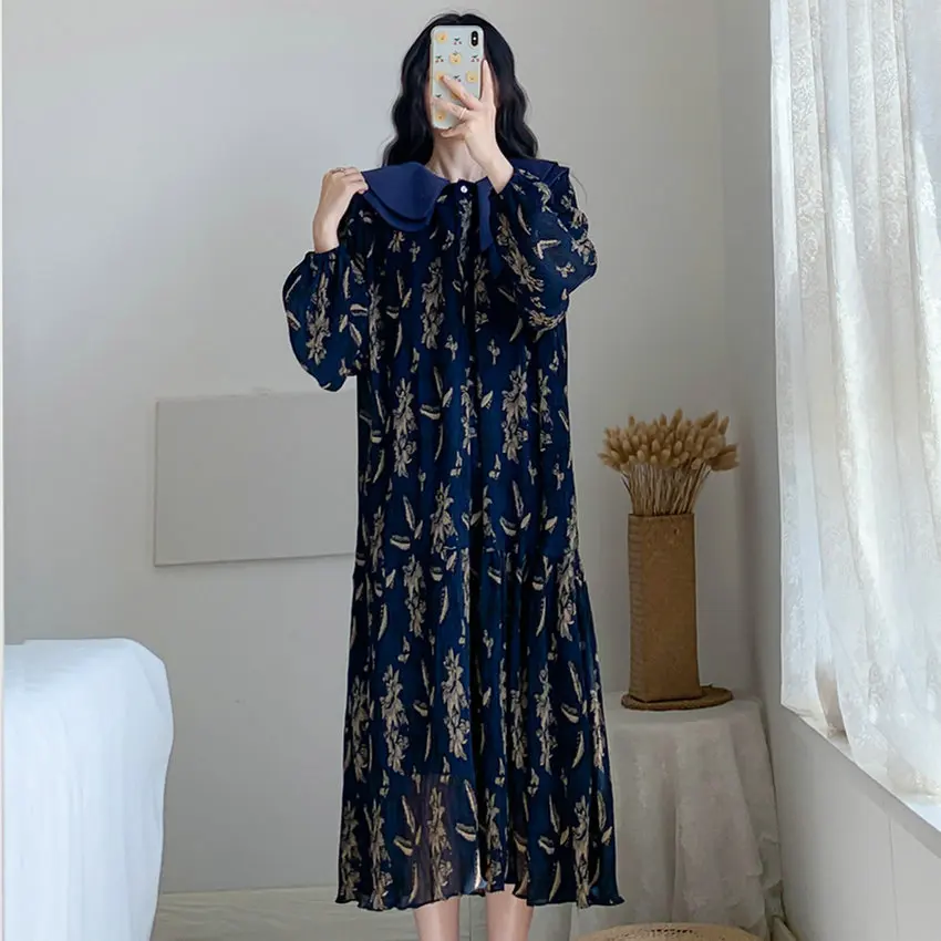

Korean Style Women Summer Flower Loose Straight Shirt Dresses Navy Blue Layered Peter Pan Collar Balloon Sleeve Chiffon Dress