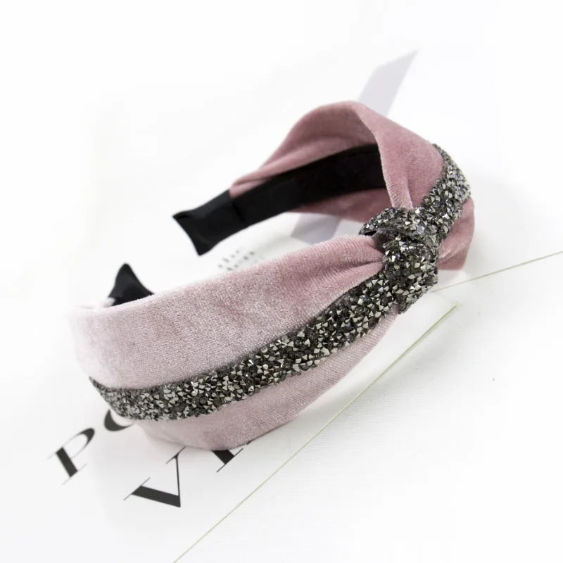 Pink Новинка, модные женские Позолоченные Стразы, резинки для волос, обруч на голову, мягкий бархат, скрещенный узел, повязка на голову, аксессуары для волос для девочек, головной убор - Цвет: Pink