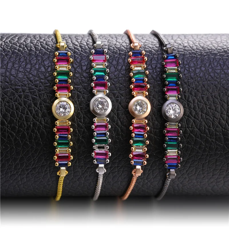 

JUWANG New Fashion DIY AAA Cubic Zirconia Multicolor Rainbow Charm Bracelets For Women Girls Adjustable Chain Bracelet Jewelry