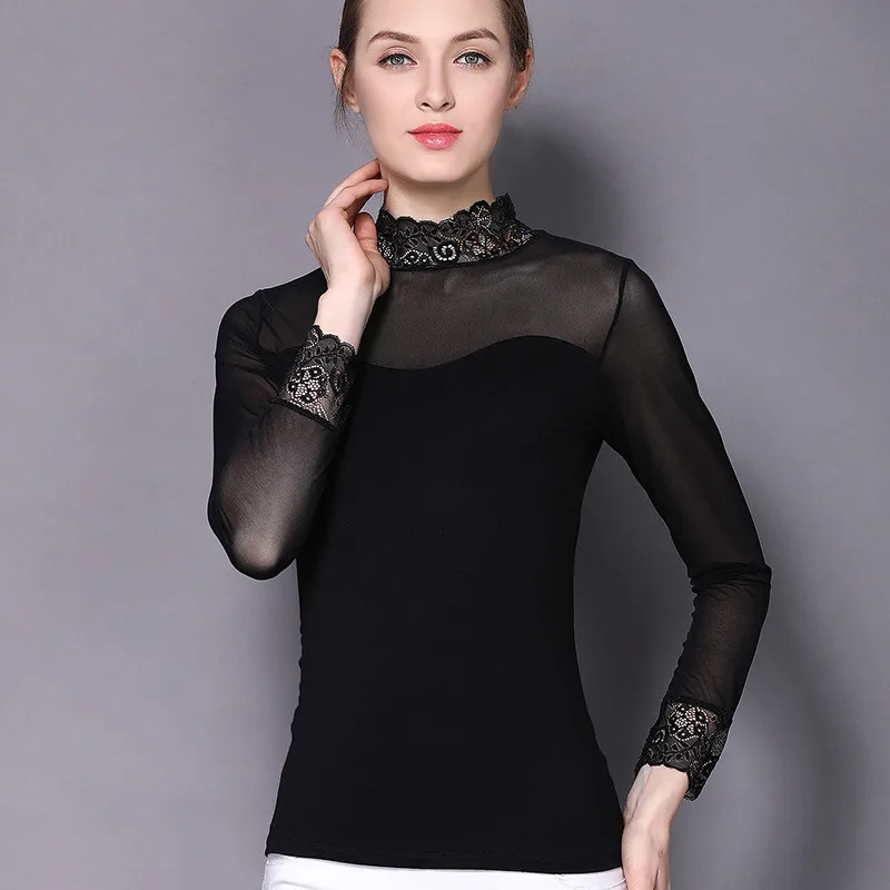 Топы футболки женская одежда 2020 длинный рукав черный низ сексуальная сетка