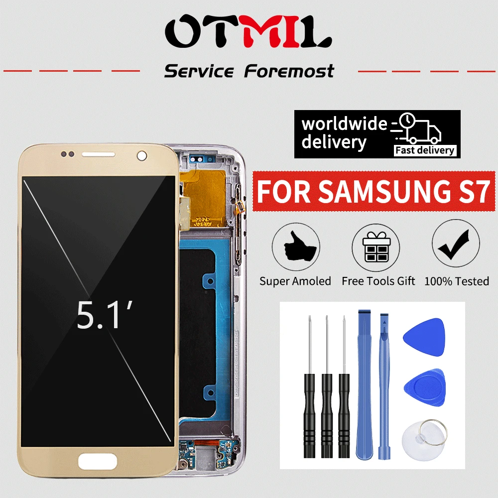 5," Super AMOLED для SAMSUNG GALAXY S7 lcd сенсорный экран дигитайзер с рамкой G930A G930F для S7 дисплей#1