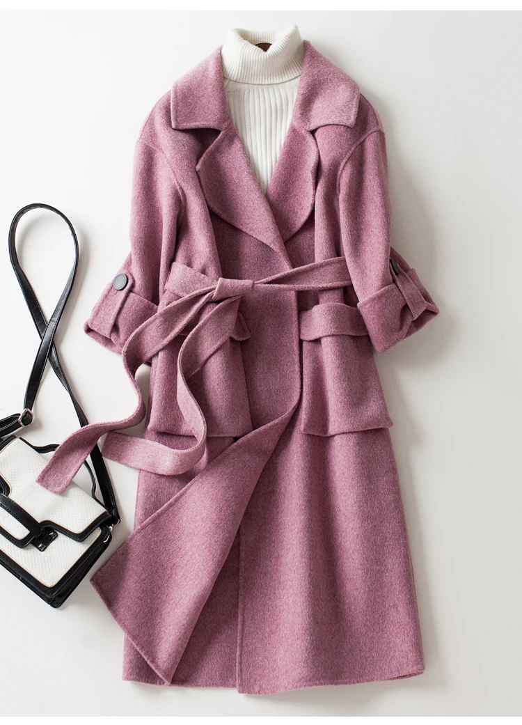 KMETRAM Autumn Winter Alpaca Coat Women Handmade Double-sided Cashmere Slim Long Jacket Ladies Vintage Blue Coats MY543
