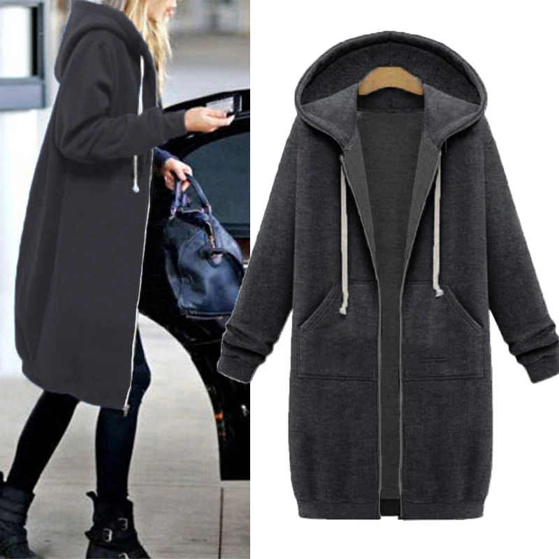Dark Gray ZANZEA плюс размер 5XL осень зима женские толстовки на молнии с капюшоном длинный свитер платье с длинным рукавом мешковатое пальто куртка верхняя одежда - Цвет: Dark Gray