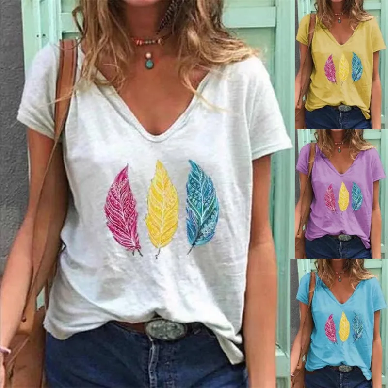

Tops Women T-Shirts Solid Color Casual Ladies t Shirt Sexy Deep V-Neck Top for Female 2021 Summer Fashion Feather Print Mujer