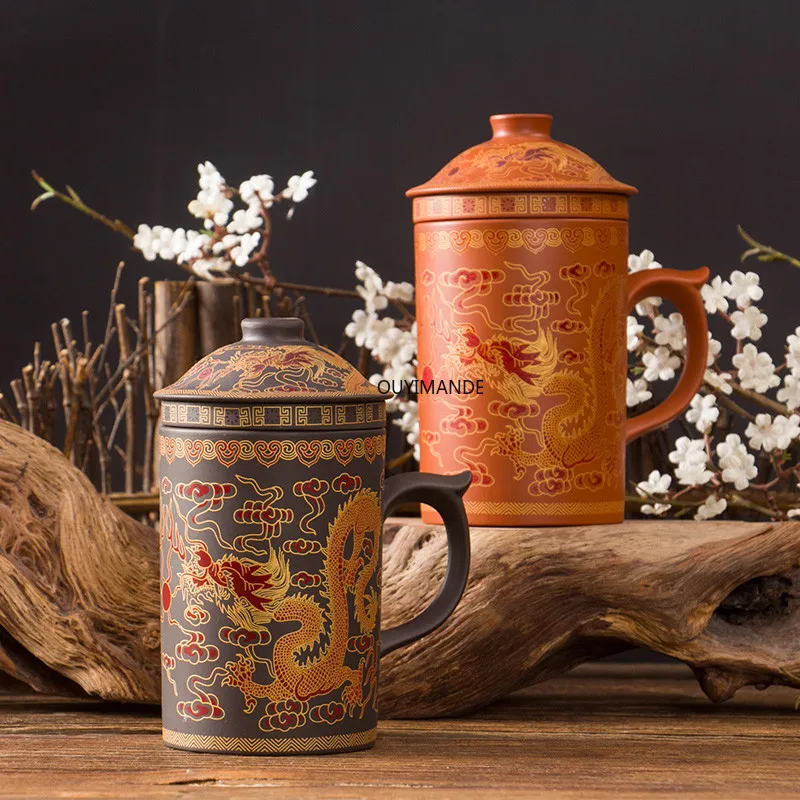 Retro Yixing Dragon Phenix Purple Clay Tea Mug with Lid and 