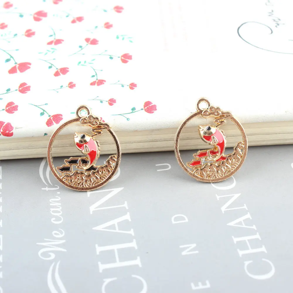 

Wholesale Enamel Alloy Charms 100pcs 20*23mm Gold Tone Plated Hollow Out Round Circle Animal Fish Jewelry Necklace Pendants