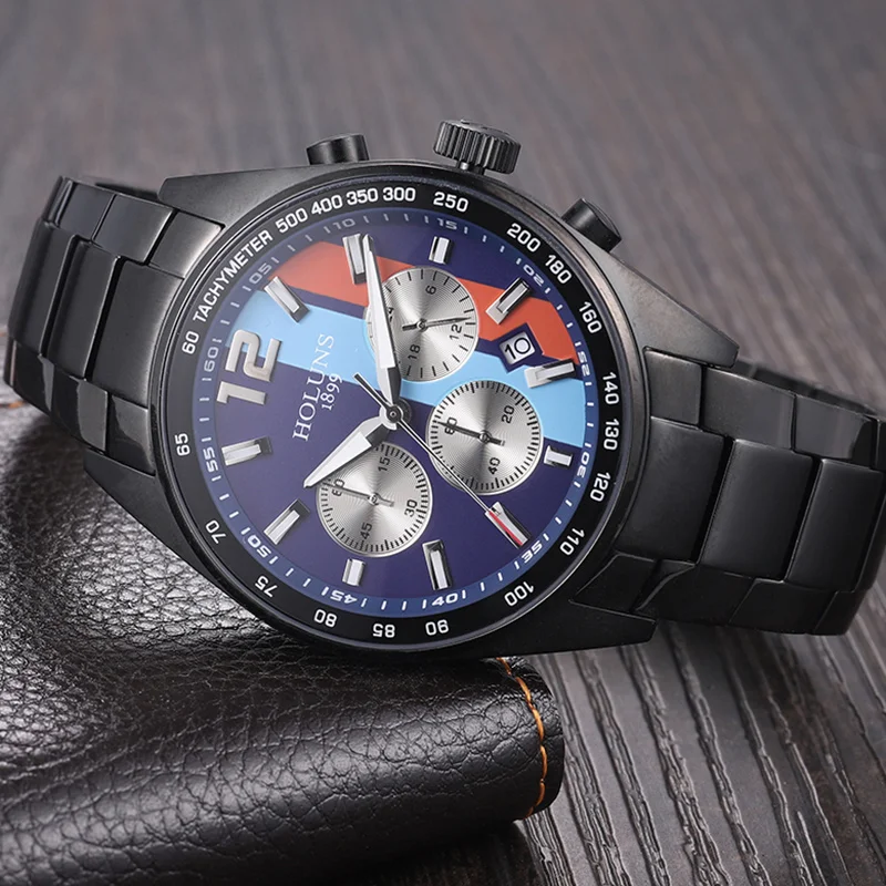 HOLUNS Mens Watches Waterproof Quartz Wristwatch Multifunctional Movement Stainless Steel Gifts For Man Sport Business Colorful | Наручные