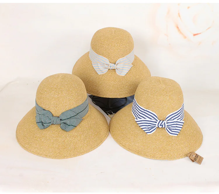 

Lady's Summer Beach Brim Straw Hat Female Seaside Travel Hat Sun Cap Bowknot UV Protection All-match Cool Hat UPF 50+Foldable Ha